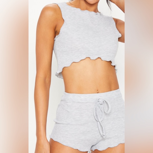 Grey Ribbed Frill Edge Short PJ Set🩶 - Picture 3 of 7